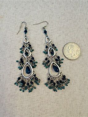 Silver-Tone Teardrop Chandelier Earrings with Navy and Teal Beads Gypsy Festival